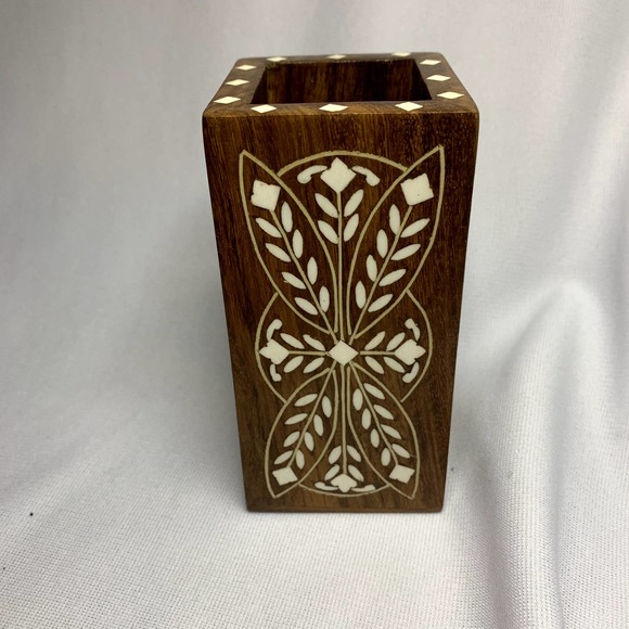 Bone Inlay, Wooden Pen Holder, Made in India, Lovely, 2.5 x 5 Inches - Picture 1 of 2